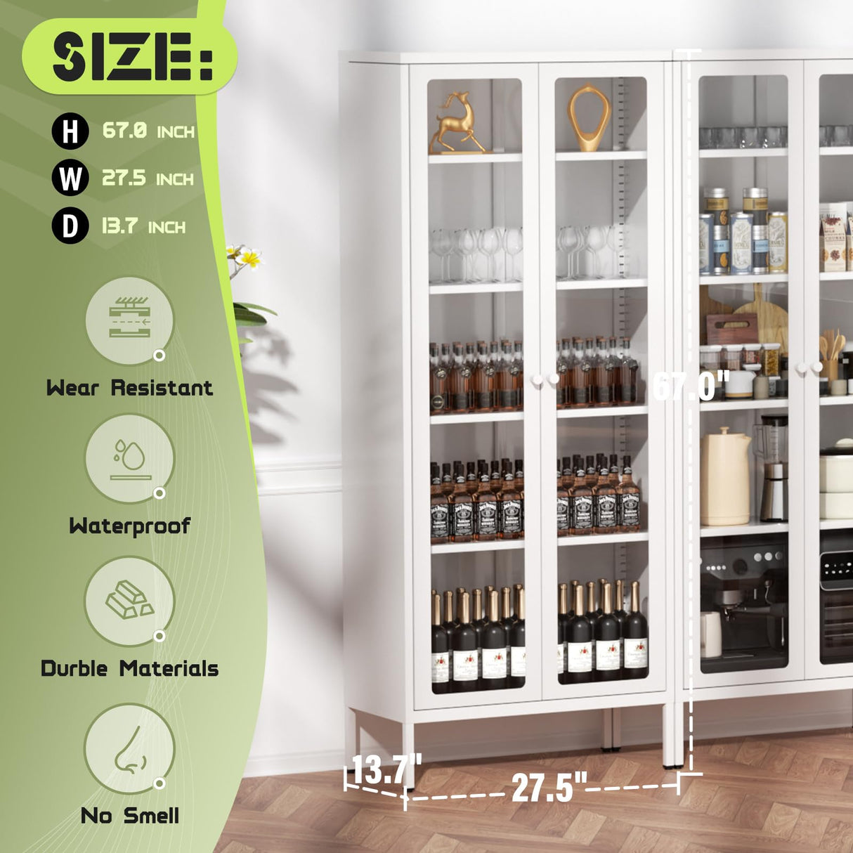 Crownland Modern Metal Display Cabinet with 4 Adjustable Shelves, White Glass Doors, 5 Tiers, Home Office, Living Room Crownland