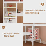 BTHFST Full Size Loft Bed with L-Shaped Desk and 3 Storage Drawers, LED Lights & Charging Station, Open Storage Shlef, Metal Loft Bed Frame with Solid Slats and Guardrail, Space Saving, White BTHFST