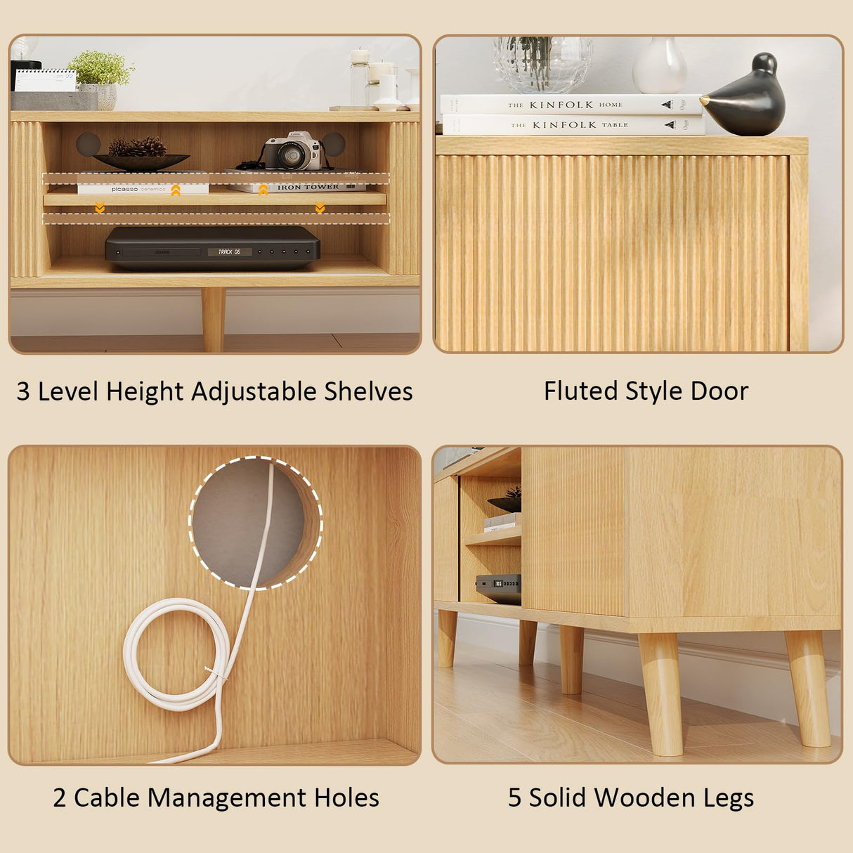 Buenhomino TV Stand for TVs Up to 75 Inches, Boho Entertainment Center Wood TV Stand with Fluted Sliding Doors & Shelves, TV Console Table Media Cabinet with Storage for Living Room Bedroom, Natural Buenhomino