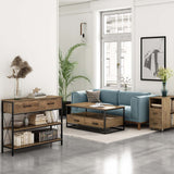 HITHOS Industrial Console Table with Drawers, Vintage Hallway Foyer Table with Storage Shelves, Narrow Long Sofa Entryway Table for Living Room, Rustic Brown HITHOS