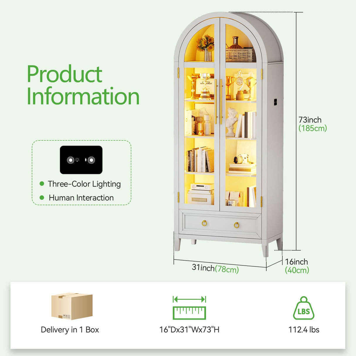 HNEBC Book Shelf with LED Lights, Arched Display Case with Storage Cabinet, Smart Pantry Cabinet with Glass Door, Bookcase, Toy Organizer with Solid Wood Legs for Livng Room/Bedroom Furnniture-White HNEBC