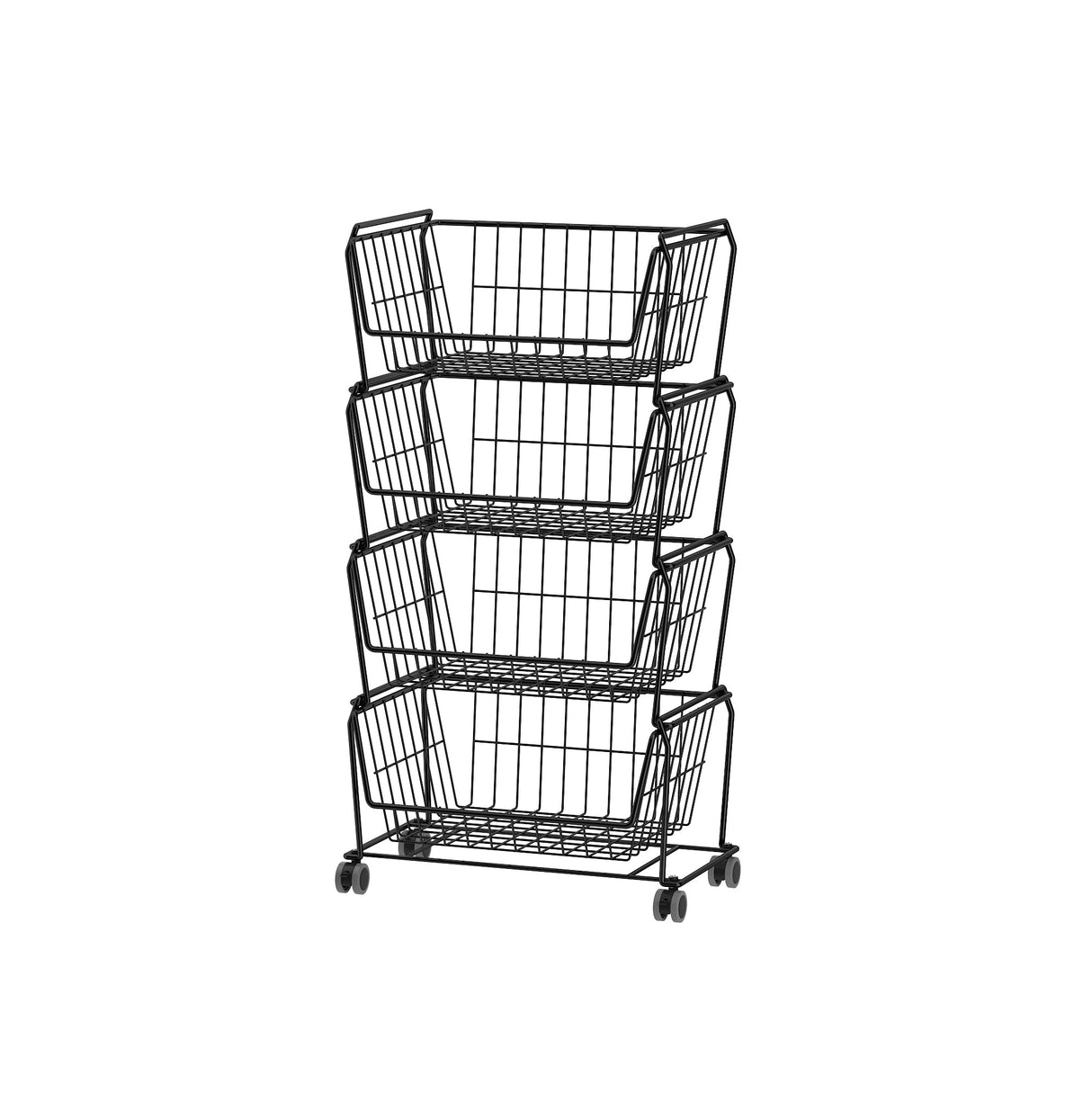 PUSDON Stackable Metal Storage Carts, Dual Use Shelf for Kitchen Fruit Vegetable Baskets with Wheels, Storage Rack for Living Room, Home & Office, Standard Black 4 Tiers PUSDON