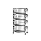 PUSDON Stackable Metal Storage Carts, Dual Use Shelf for Kitchen Fruit Vegetable Baskets with Wheels, Storage Rack for Living Room, Home & Office, Standard Black 4 Tiers PUSDON