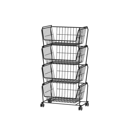 PUSDON Stackable Metal Storage Carts, Dual Use Shelf for Kitchen Fruit Vegetable Baskets with Wheels, Storage Rack for Living Room, Home & Office, Standard Black 4 Tiers PUSDON