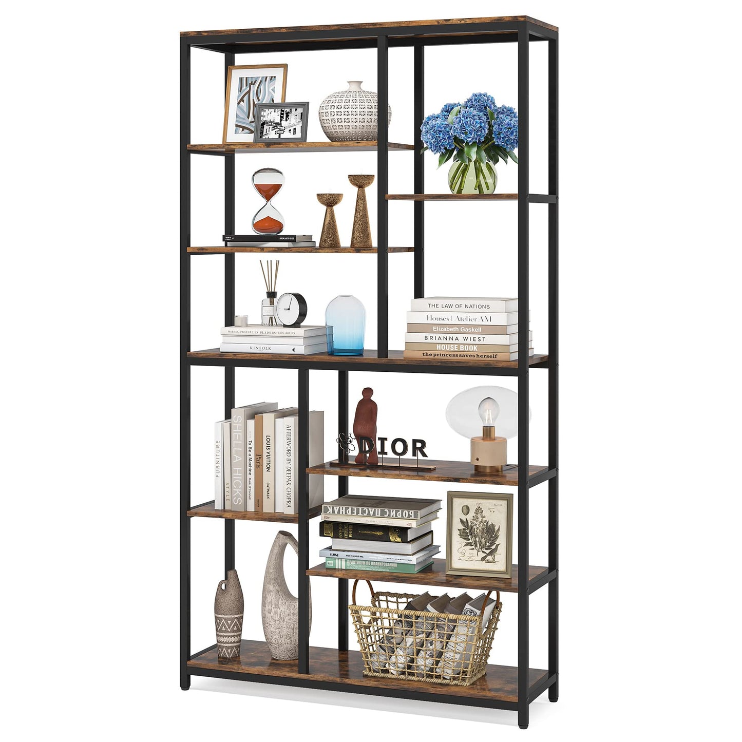 Tribesigns 79-Inch Tall Staggered 8-Tier Bookshelf in Black & Rustic Finish - WoodArtSupply