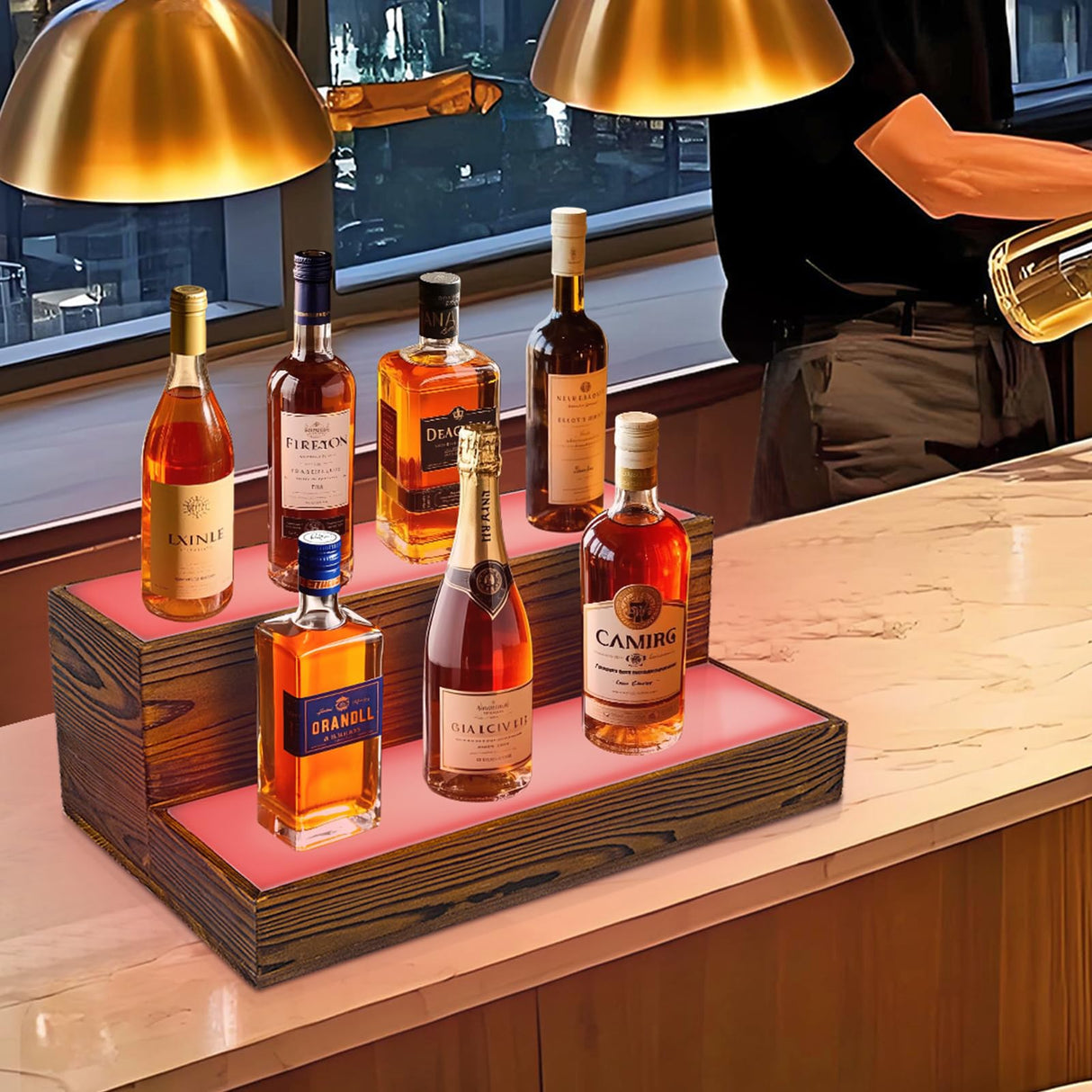 Wine Rack with LED Light Liquor Bottle Display Shelf Wall Mounted, 2 Tier Acrylic Illuminated Bar Bottle Display Floating Shelf for Home Commercial Bar Party BEARUT