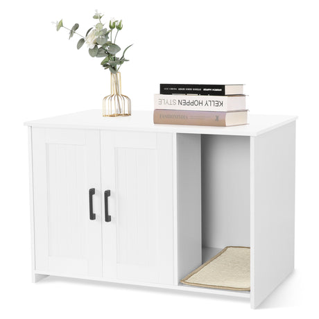 Dwanton Litter Box Enclosure, Cat Litter Box Furniture Hidden, with Scratching Mat, Wooden Cat Washroom Indoor, Fit Most of Litter Box, 31.5" L x 19.7" W x 21.7" H, White Dwanton