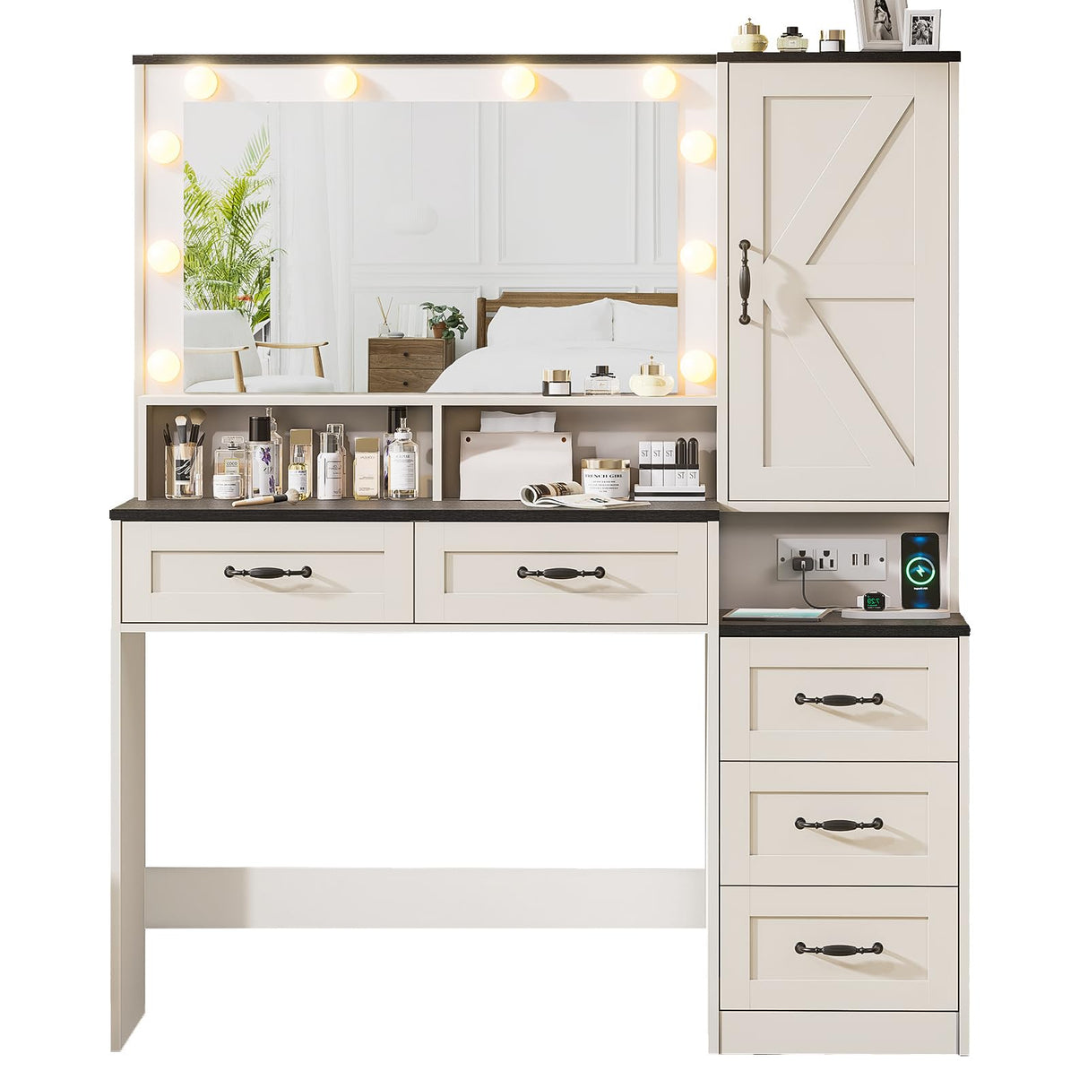 Farmhouse Vanity Desk with Mirror and 10 Led Lights, 45.3 " Large Makeup Vanity Table with Power Outlet, 5 Drawers and 1 cabinet, Vanity Set Dressing Table with 9 Hooks for Women Girls (White+Black) DINGIPP