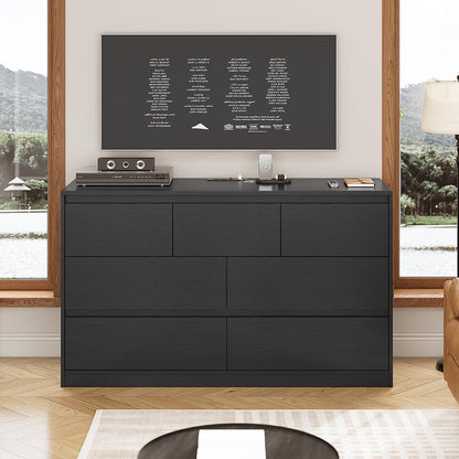 AOGLLATI Black Dresser for Bedroom, Modern Long Dresser with 7 Drawers, Dressers & Chest of Drawers with Charging Station Handle Free, Wooden Wide 7 Drawer Dresser for Bedroom Living Room,Bla - WoodArtSupply