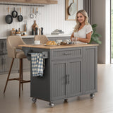 43.3" Rolling Kitchen Island Cart with Drop Leaf & Storage - Mobile Kitchen Organizer with Wheels, Rubberwood Top, Trash Bin Cabinet & Towel Rack, Farmhouse Style for Small Spaces Grey LotaTools