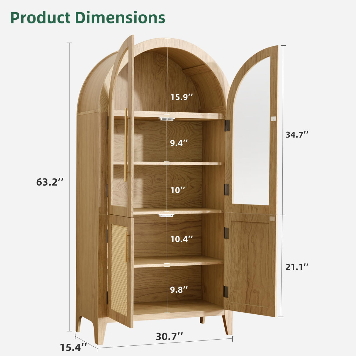 TRUNBACK 63" Arched Storage Cabinet, 5-Tier Modern Farmhouse Kitchen Pantry Cabinet with Glass & Rattan Doors, Adjustable Shelf for Living Room, Dining Room, or Office, Oak TRUNBACK