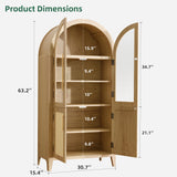 TRUNBACK 63" Arched Storage Cabinet, 5-Tier Modern Farmhouse Kitchen Pantry Cabinet with Glass & Rattan Doors, Adjustable Shelf for Living Room, Dining Room, or Office, Oak TRUNBACK