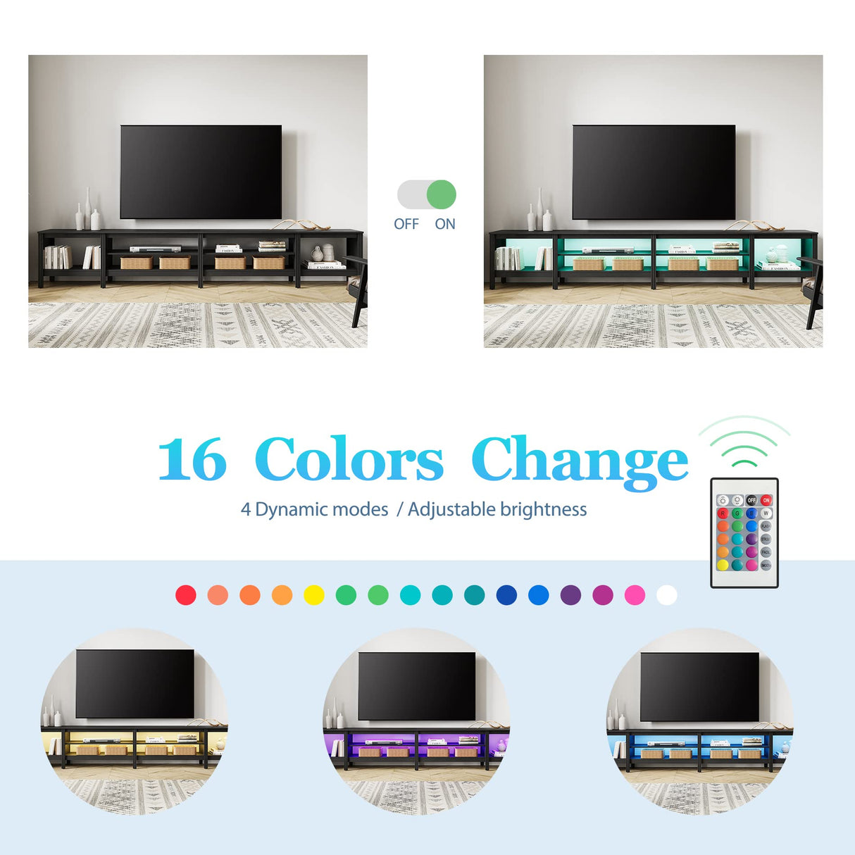 WAMPAT TV Stand for 100 Inch TV with 16 Changable LED Lights, Black Entertainment Center for 80 85 90 inch TV Console Table with 6 Cubby Storage for Living Room Bedroom, 95 inch WAMPAT