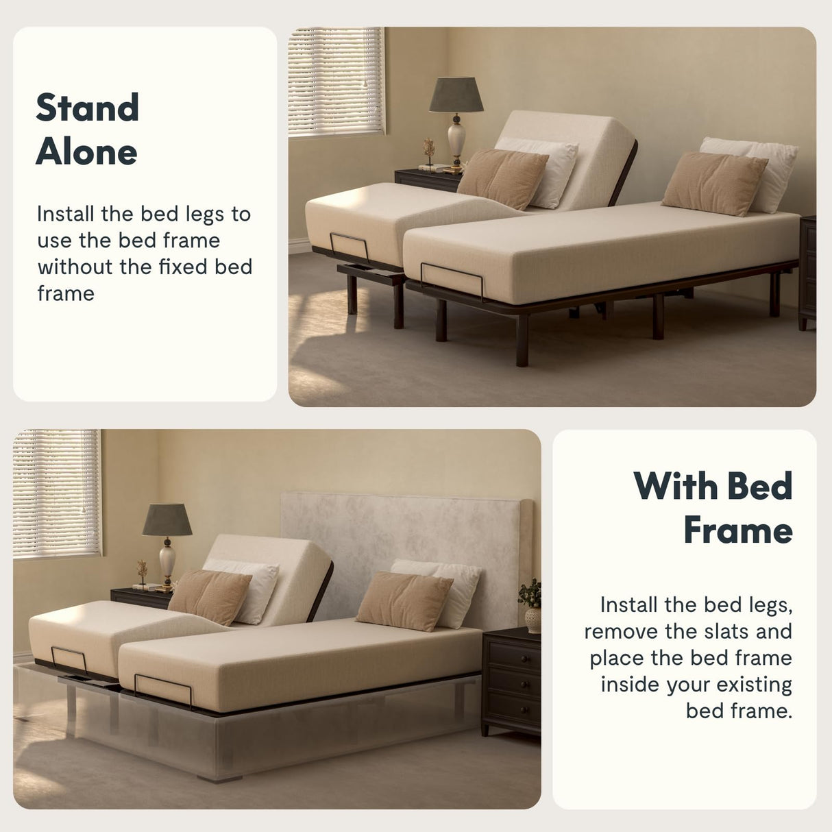 FLEXISPOT Adjustable Bed Frame Base Split King,Segmented Design,Easy Assemble,Oxford Fabric Bedspread,Wired Remote,Whisper Quiet Durable Motor,Mattress Holder. FLEXISPOT