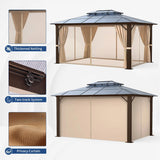 Jolydale Hardtop Gazebo, 10FTx12FT Polycarbonate Double Top Canopy, Aluminum Frame Permanent Pavilion with Curtains and Netting, for Lawns, Patios, Gardens Jolydale