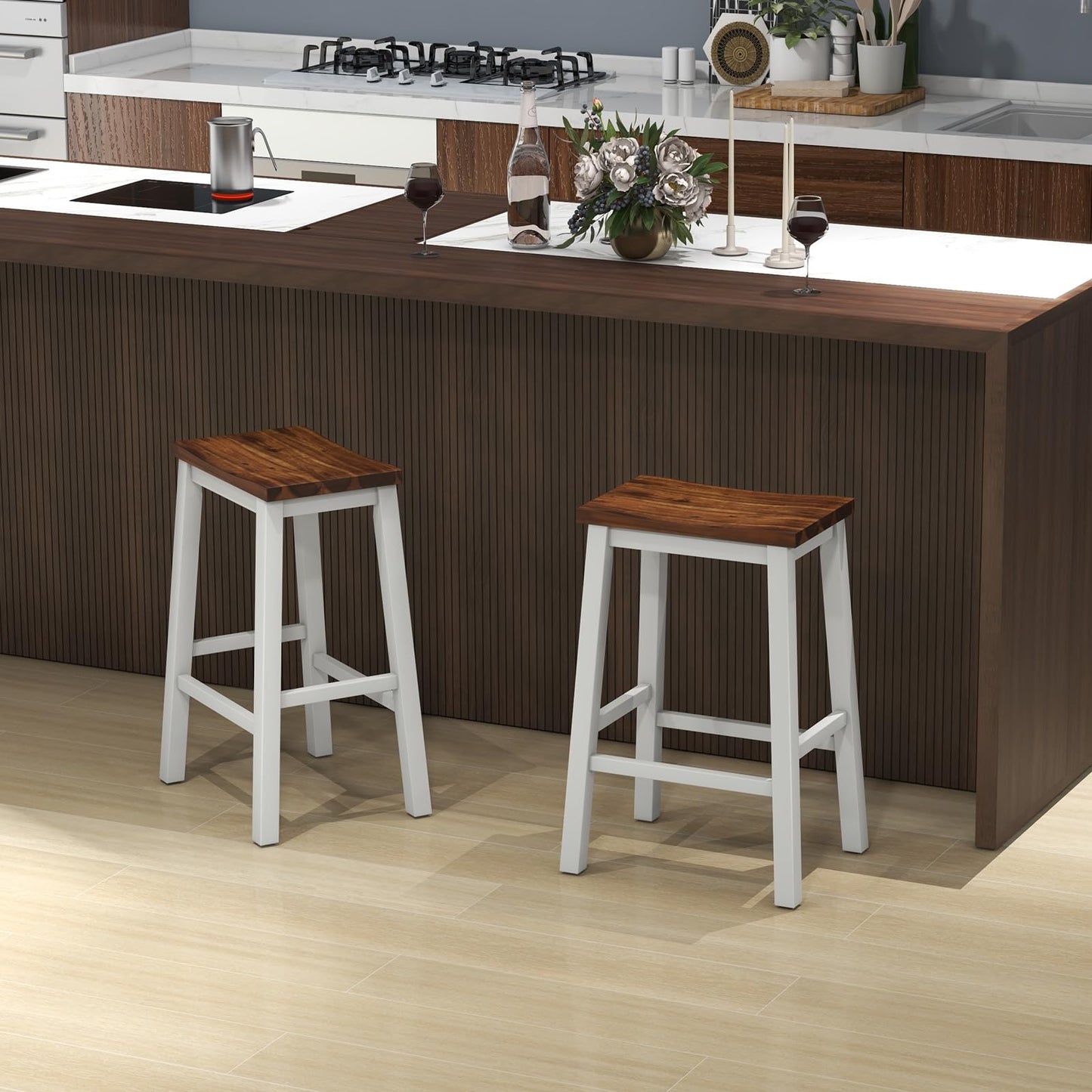 COSTWAY 24.5 Inch Bar Stools Set of 2, Solid Wood Saddle Stools w/Footrests, Industrial Counter Height Breakfast Stools for Kitchen Island, Dining Room, Living Room & Bar, White & Walnut