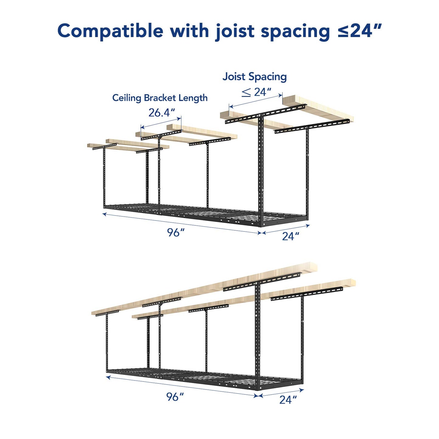 FLEXIMOUNTS 2x8 Overhead Garage Storage Rack,Adjustable Garage Storage Organization Systerm,Heavy Duty Metal Garage Ceiling Storage Racks,400lbs Weight Capacity,Black