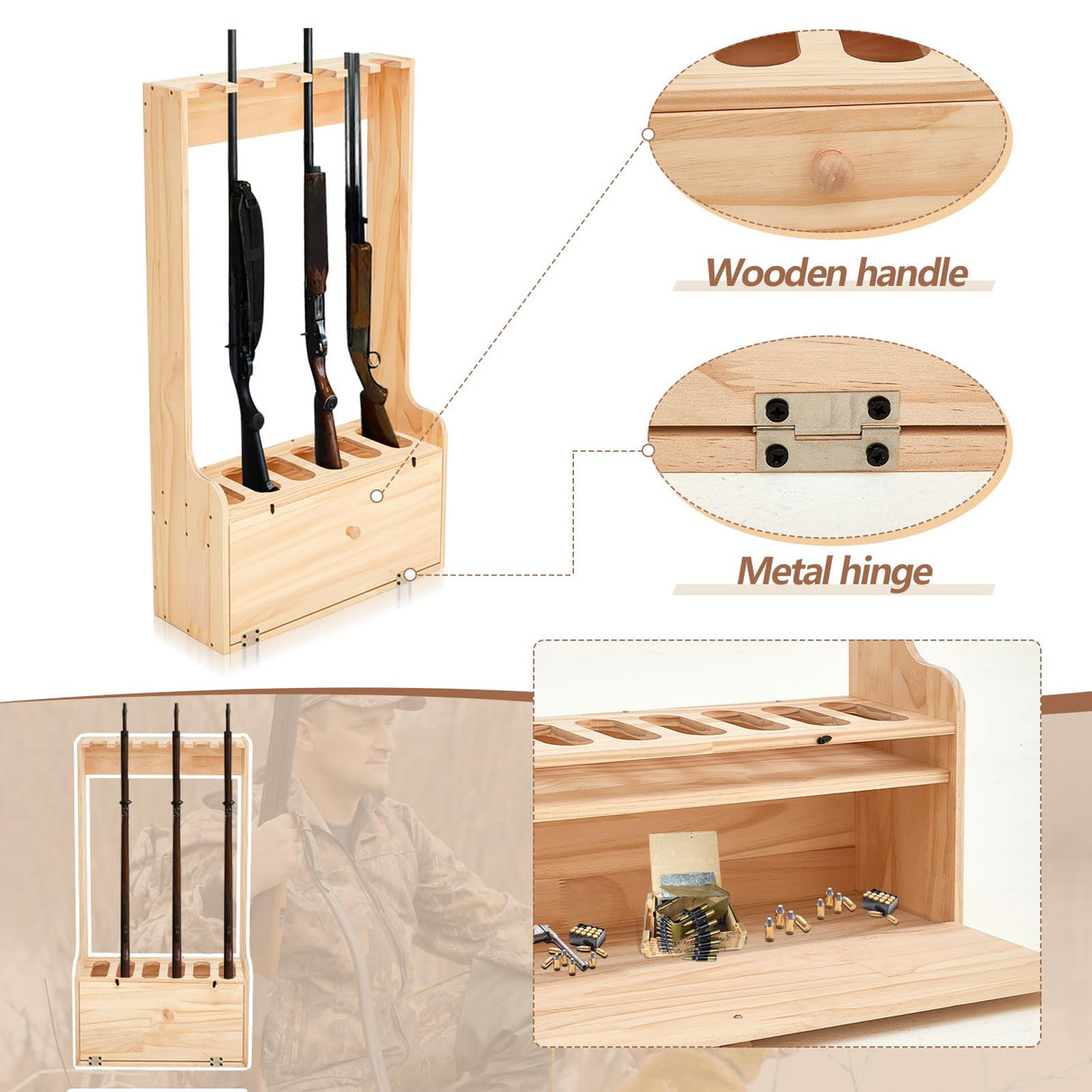 Soaoo Gun Rack with Storage Wood Gun Storage Display Rack Solid Pine Standing Gun Storage Rack Standing Rifle Rack Shotgun Storage Display Rack (6 Gun Floor Rack) Soaoo