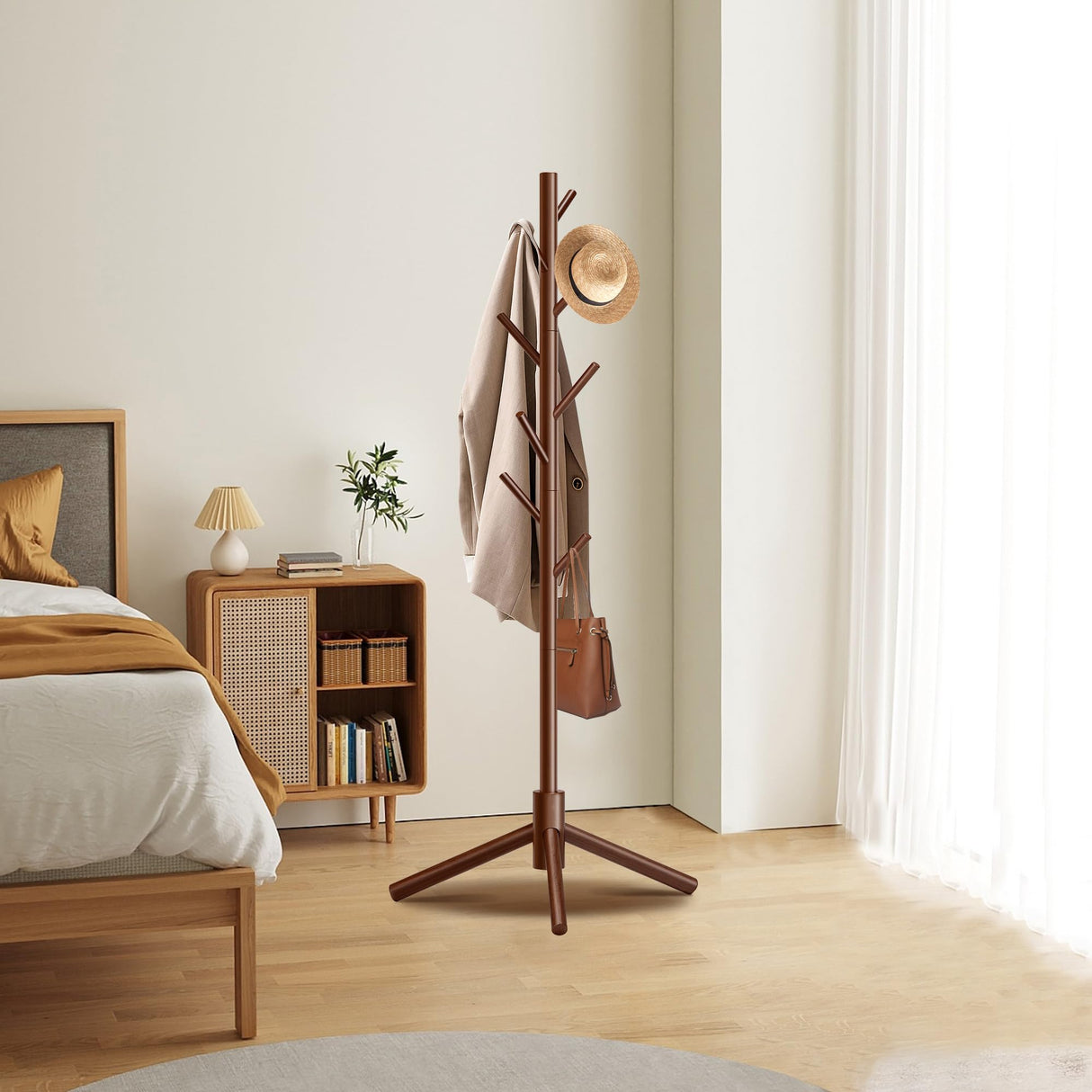 Unisakey Durable Wooden Coat Rack, Freestanding Coat Rack with Stable Triangular Base, 8 Hooks & 3 Adjustable Heights, Simple Assembly for Bedroom, Hallway, Office(New Brown) Unisakey