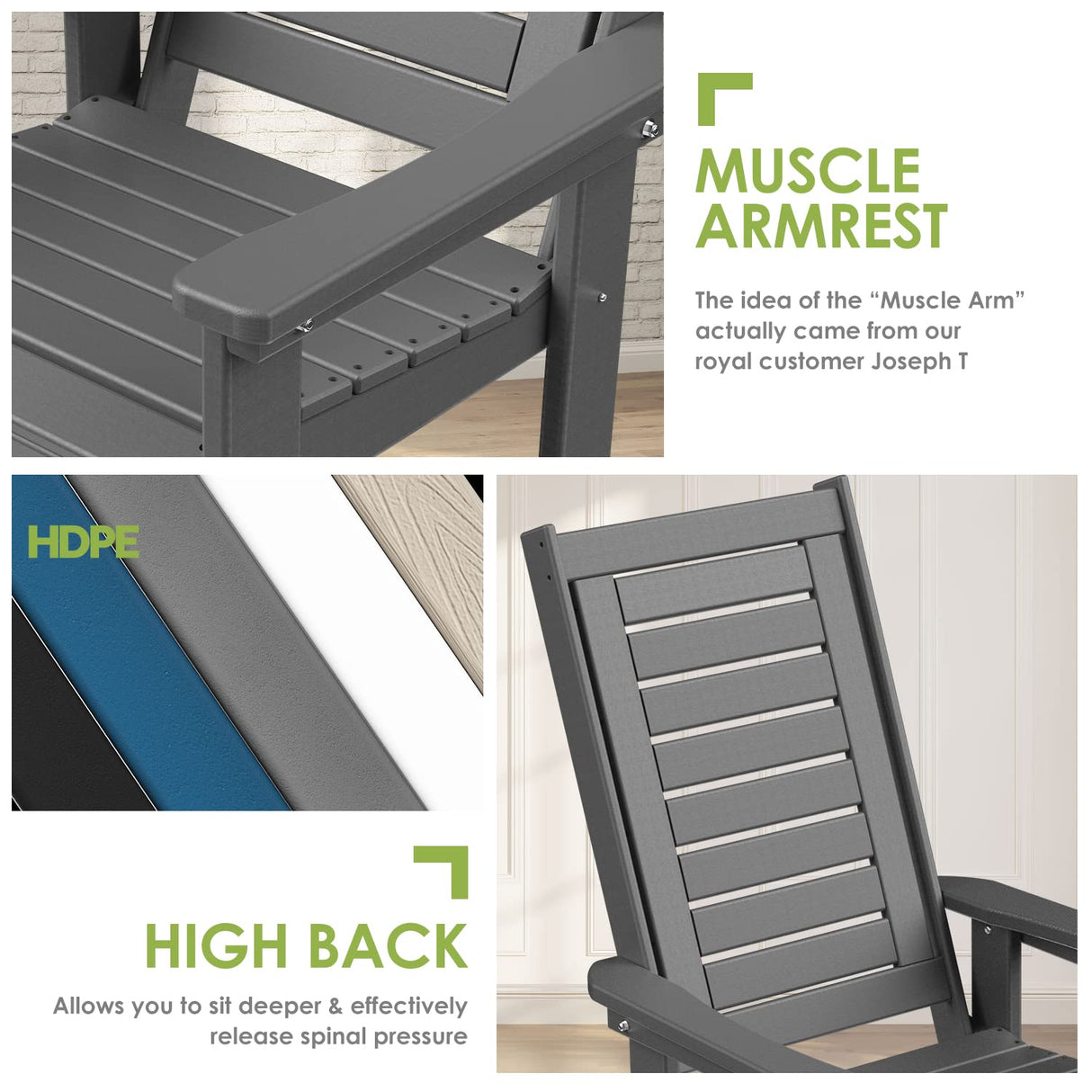 GREENVINES Outdoor Rocking Chairs | Set of 2 | Porch Rocker | HDPE Plastic | Grey | Oversized Rockers | High Back | Big & Tall | Ladder Back | for Patio Outside Backyard Balcony Garden GREENVINES