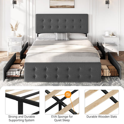 IDEALHOUSE Grey Upholstered Full Size Bed Frame with Adjustable Headboard and 4 Storage Drawers - WoodArtSupply