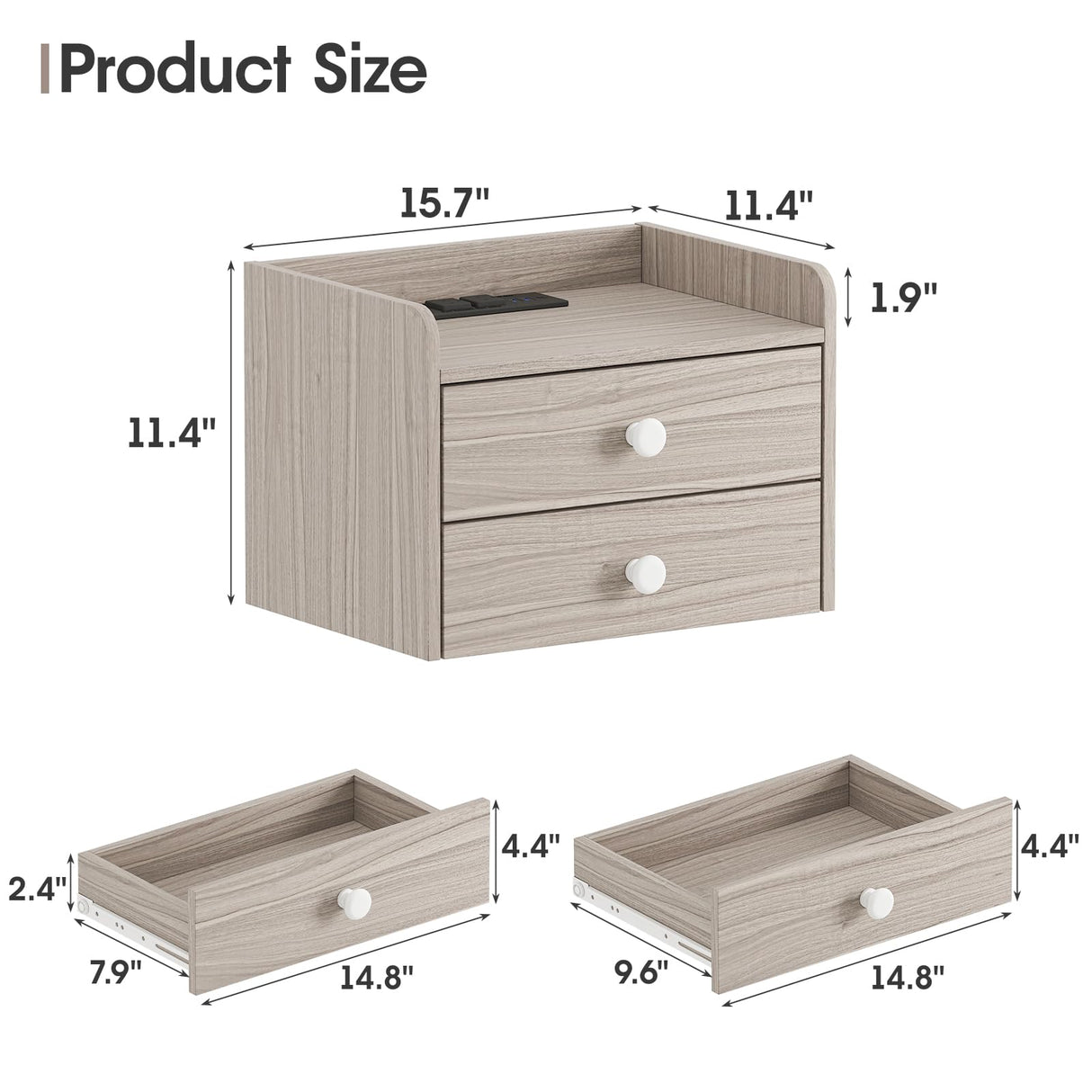 Floating Nightstand Set of 2 with 2 Storage Drawers and Charging Station Wood Wall Mounted Bedside End Table Modern Night Stands Set 2 for Bedroom,Living Room,Home Office,Small Space,Grey Vabches
