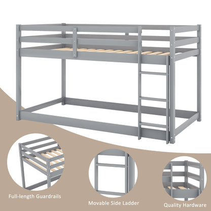 Majnesvon Low Bunk Bed Frame - Solid Wood Twin Over Twin with Integrated Ladder and Full Guardrails - WoodArtSupply