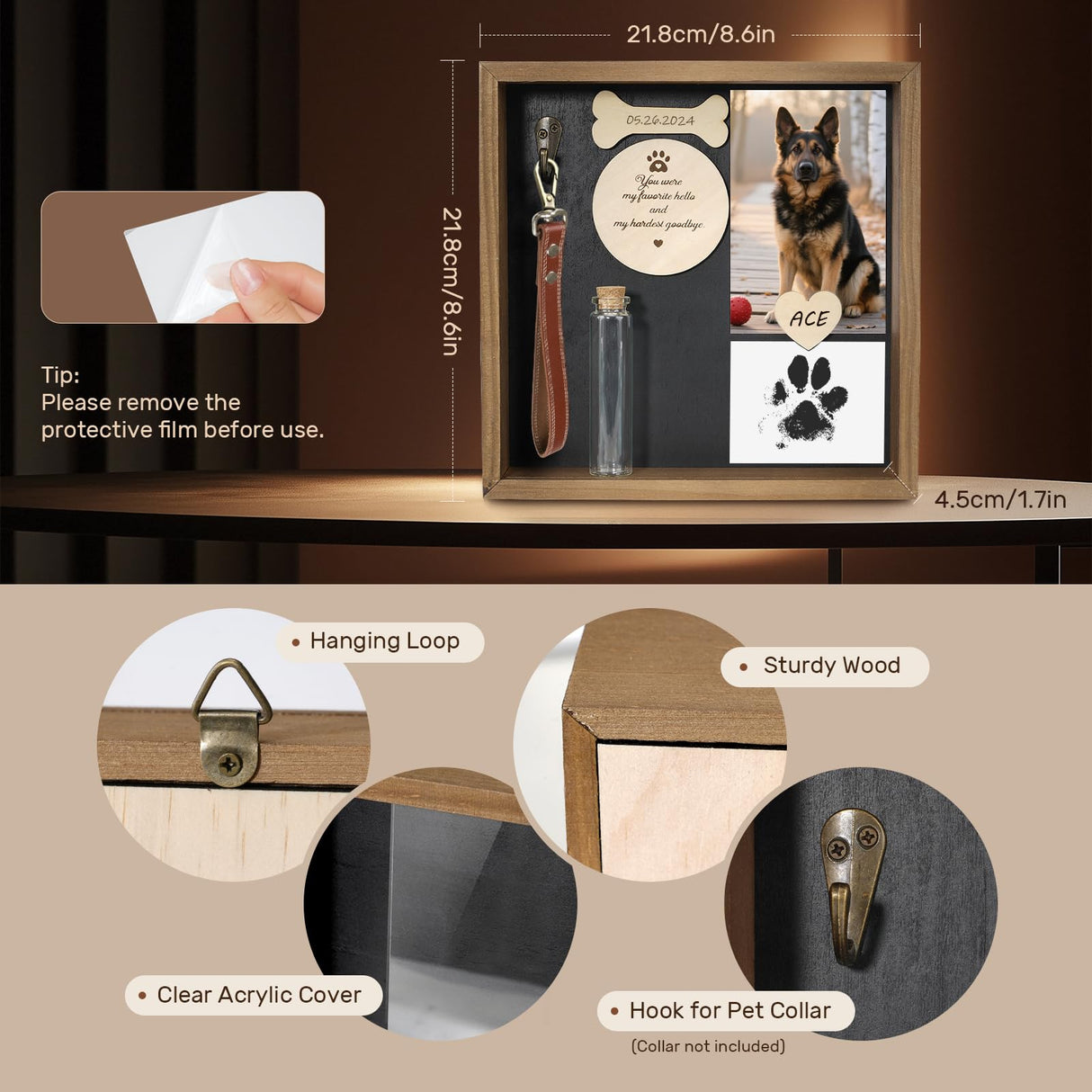 VavoPaw Pet Memorial Gifts for Dogs, 8.6'' Pet Memorial Shadow Box, Loss of Dog Sympathy Gift with Paw Print Kit, Fur Jar, Dog Passing Away Gifts for Tabletop Display & Wall VavoPaw