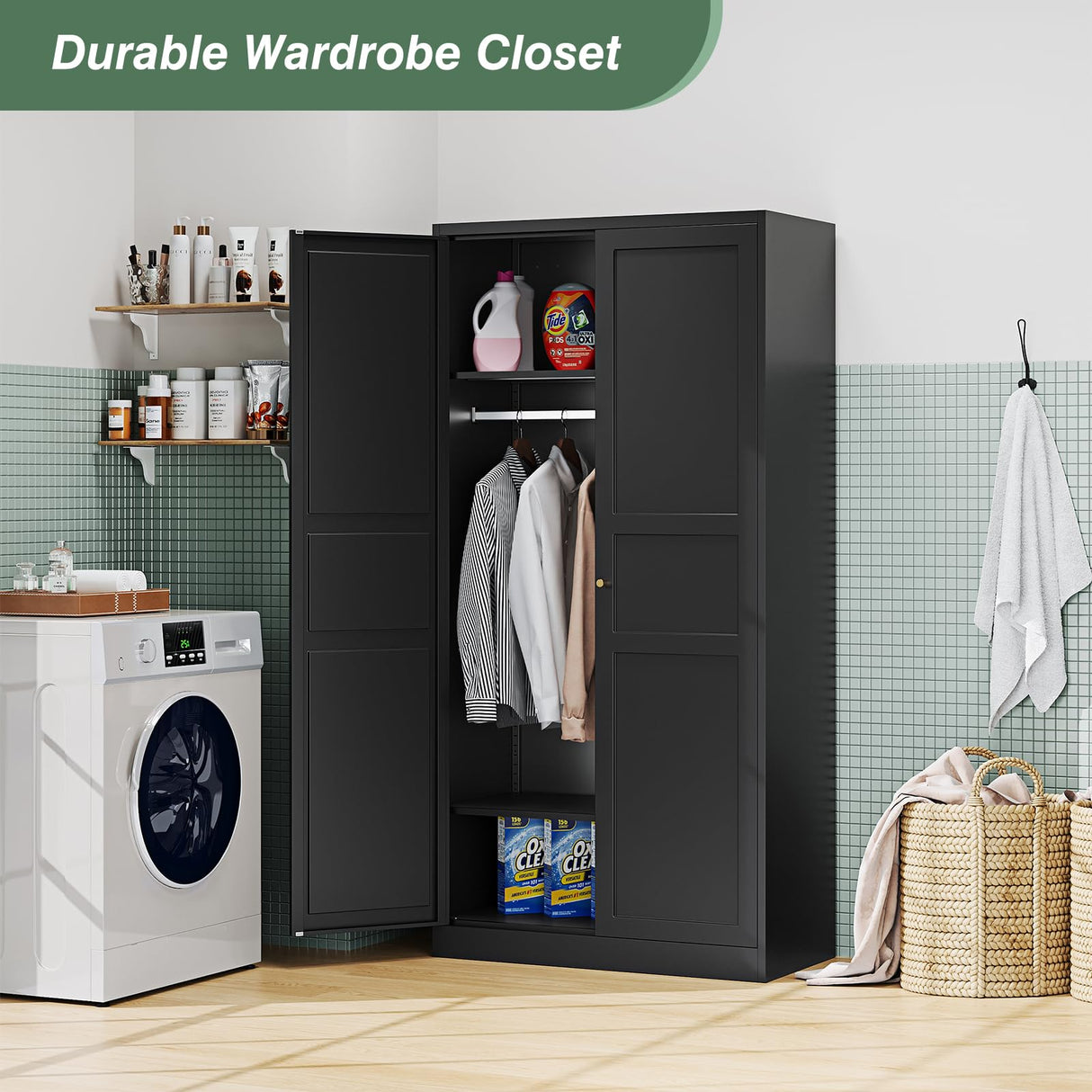 LISSIMO Metal Wardrobe Closet Cabinet,Armoire Wardrobe Closets Storage Cabinets with Doors and Shelves for Laundry Room,Bedroom,Home Office,Bathroom(Black LISSIMO