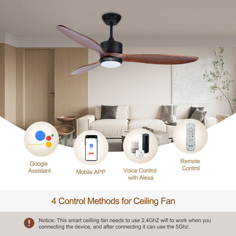Ovlaim 52 Inch Solid Walnut Wood Ceiling Fans with Lights Remote Control, 3 Blade Propeller Smart Ceiling Fan for Bedroom Living Room Indoor Outdoor, ETL Listed High CFM Quiet DC Motor Ovlaim