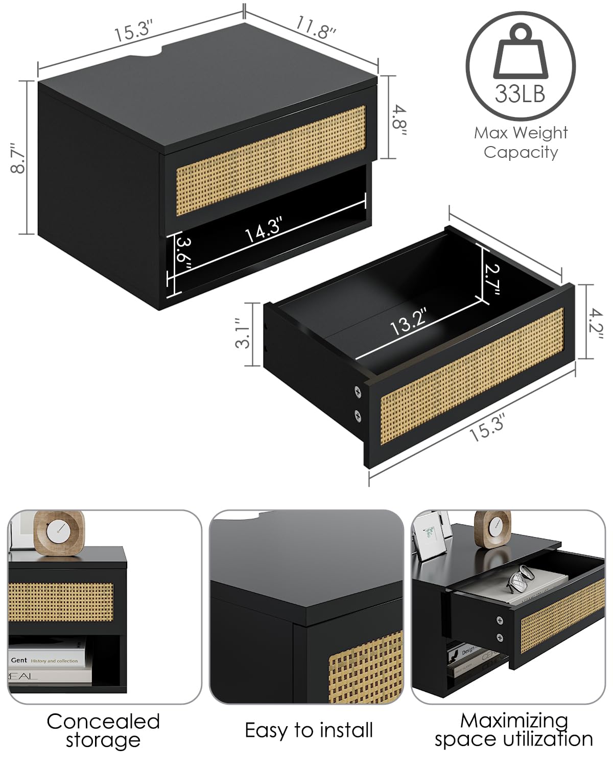 Aienvey Floating Nightstand, Small Modern Floating Nightstand with Drawer, Floating Shelves for Bedroom, Bathroom, Black Rattan Aienvey
