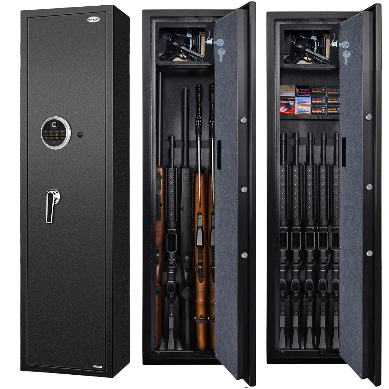 Langger V Biometric Rifle Gun Safe,Quick Access 5-Gun Large Improved Fingerprint Shotgun Security Cabinet for Rifle Shotgun w/o Scopes with Pistol Lock Box,Removable Storage Shelf (New Biometric Safe)