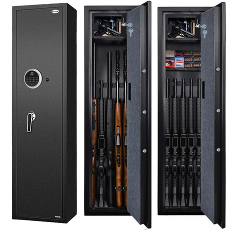 Langger V Biometric Rifle Gun Safe,Quick Access 5-Gun Large Improved Fingerprint Shotgun Security Cabinet for Rifle Shotgun w/o Scopes with Pistol Lock Box,Removable Storage Shelf (New Biometric Safe) LANGGER V