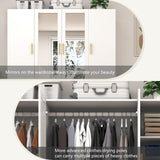 jiteentarou 4 Door Wardrobe Closet with Mirrors and LED Lights, Bedroom Armoire with Drawers and Shelves, Modern Wooden Armoire Wardrobe Closet with Hanging Rod for Bedroom, White jiteentarou