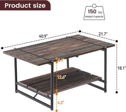 2-Tier Farmhouse 41'' Large Wood Coffee Table with Shelf -Modern Rustic Metal Rectangle Center Living Room Coffee Table Accent Furniture for Home Office,Easy Assembly (Darl Oak)