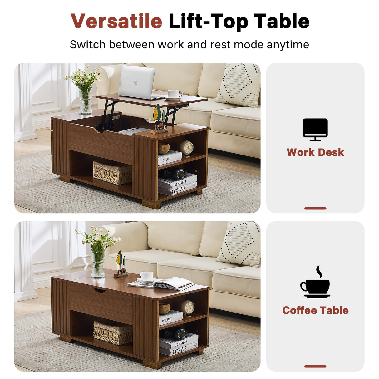 Redkey Lift Top Coffee Table -Fluted Wood Center Table with Hidden Compartment and Storage Shelf- Lift Tabletop for Home Living Room Office - Walnut Redkey