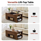 Redkey Lift Top Coffee Table -Fluted Wood Center Table with Hidden Compartment and Storage Shelf- Lift Tabletop for Home Living Room Office - Walnut Redkey