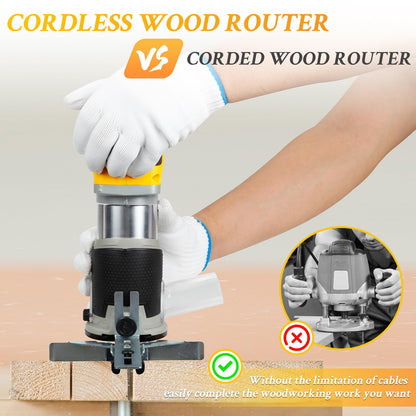 AwxryoX Cordless Router for Woodworking, 21V Router Tool with 2 x 4.0Ah Battery, Brushless Trim Router with20PCS 1/4" Bits, 6 Variable Speeds Compact Router Para Madera Kit for Dust Hood - WoodArtSupply