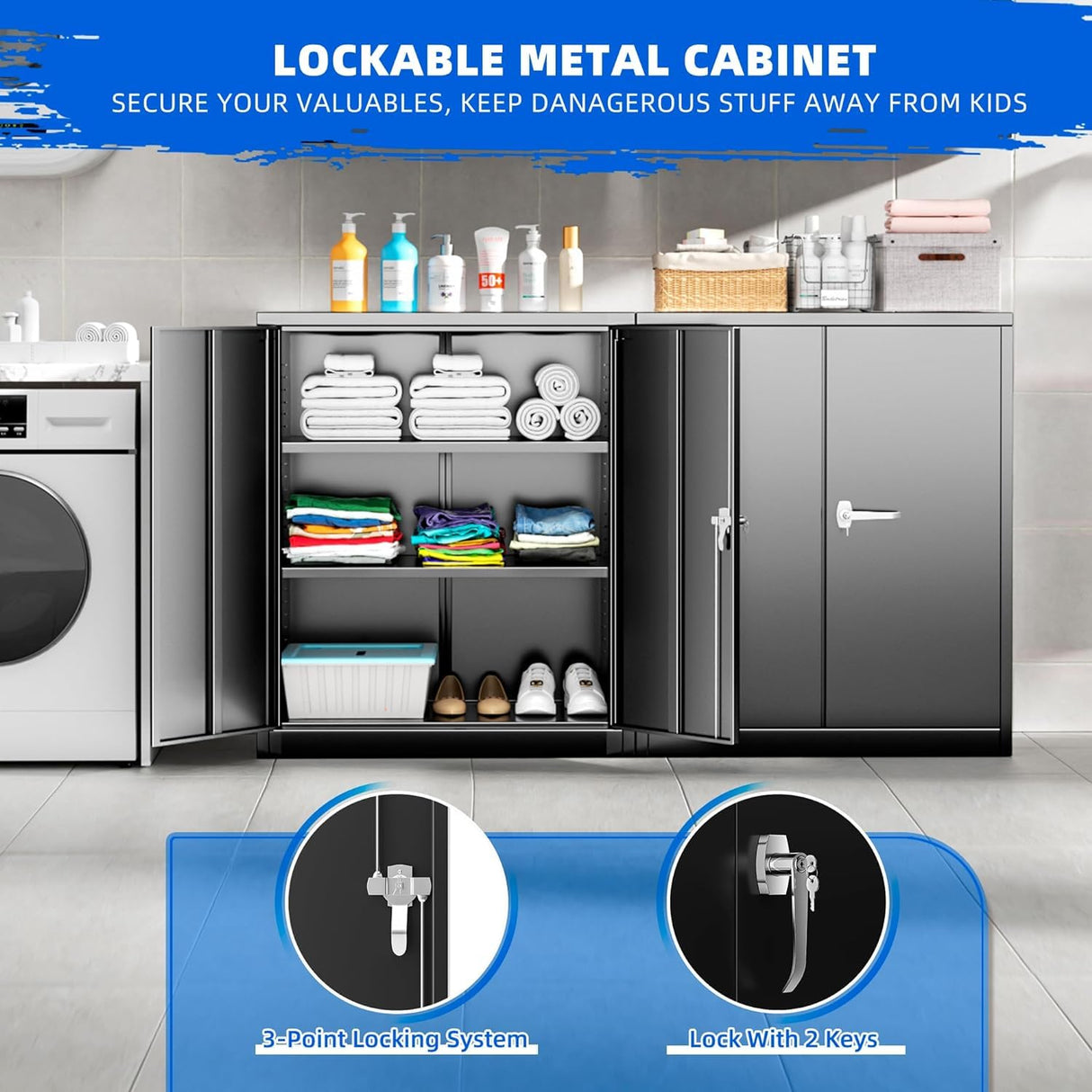 INTERGREAT Metal Garage Storage Cabinet, 36" Lockable Storage Cabinet with 2 Doors and 2 Adjustable Shelves, Steel Black File Great for Home Office, Garage, Warehouse, Study Room INTERGREAT