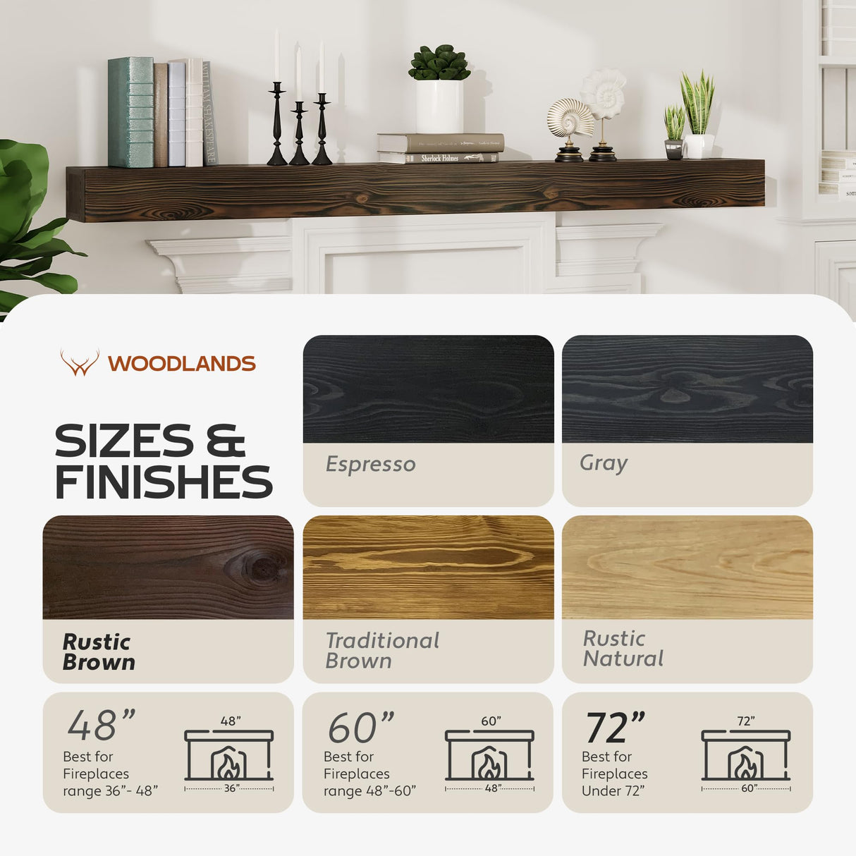 Woodlands-USA 72 Floating Fireplace Mantel Wood Shelf, Handcrafted Mantels For Over Fireplace, 72 Inches Farmhouse Wall Mounted Mantle Shelf, Wooden Fireplace Mantel Shelves, 72 Inch Rustic Brown X8X3 WOODLANDS USA