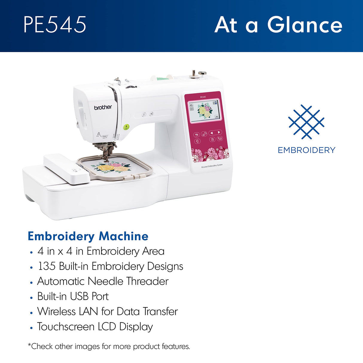 Brother PE545 Embroidery Machine, Wireless LAN Connected, 135 Built-in Designs, 4" x 4" Hoop Area, Large 3.7" LCD Touchscreen, USB Port, 10 Font Styles Brother