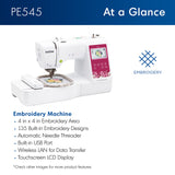 Brother PE545 Embroidery Machine, Wireless LAN Connected, 135 Built-in Designs, 4" x 4" Hoop Area, Large 3.7" LCD Touchscreen, USB Port, 10 Font Styles Brother