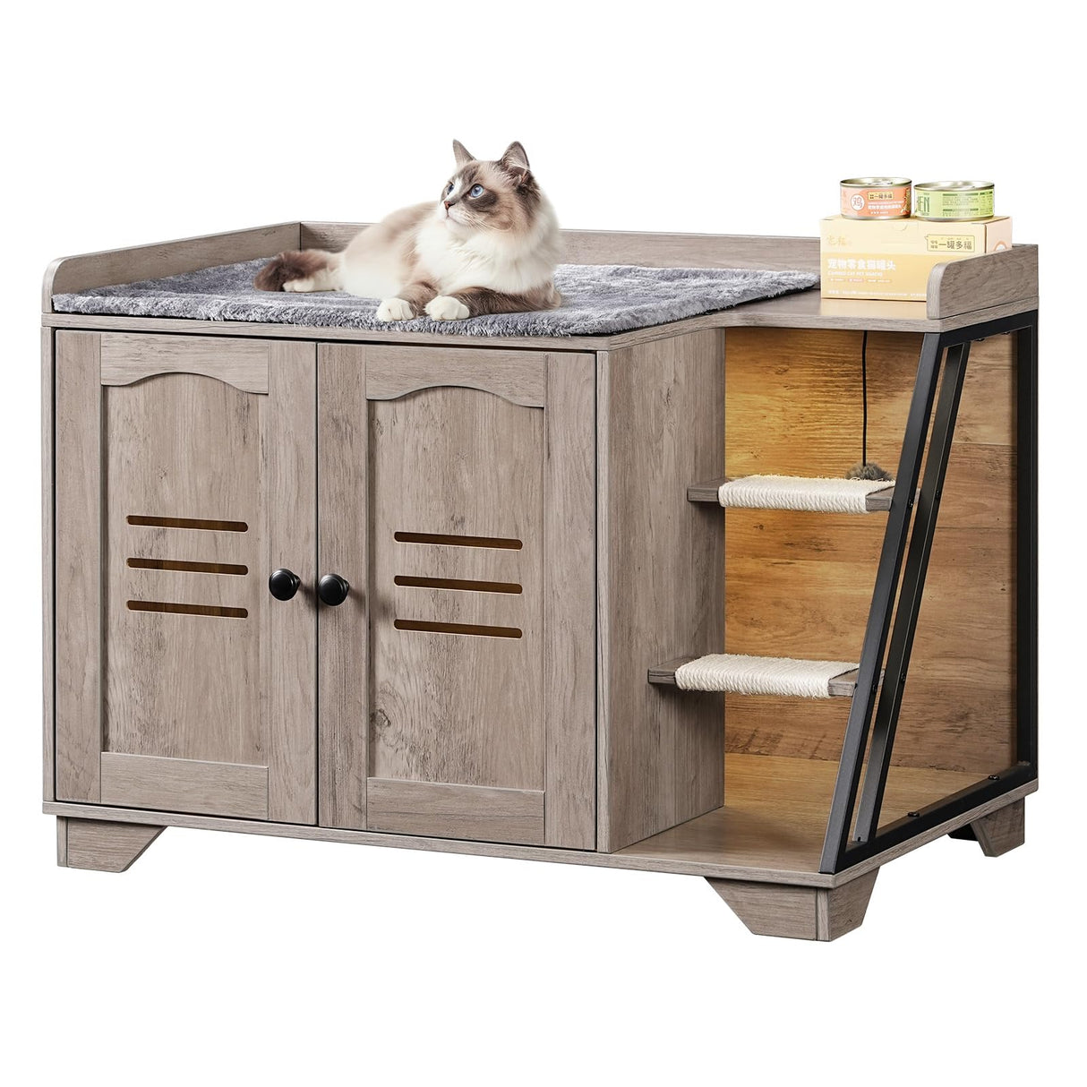 HOOBRO Cat Litter Box Enclosure with Ladder, Hidden Litter Box Furniture with Rechargeable 3-Color LED, Plush, Teaser Balls, 31.5" L x 18.9" W x 22.4" H, All-in-One, Black and Greige BG48MW01G1 HOOBRO