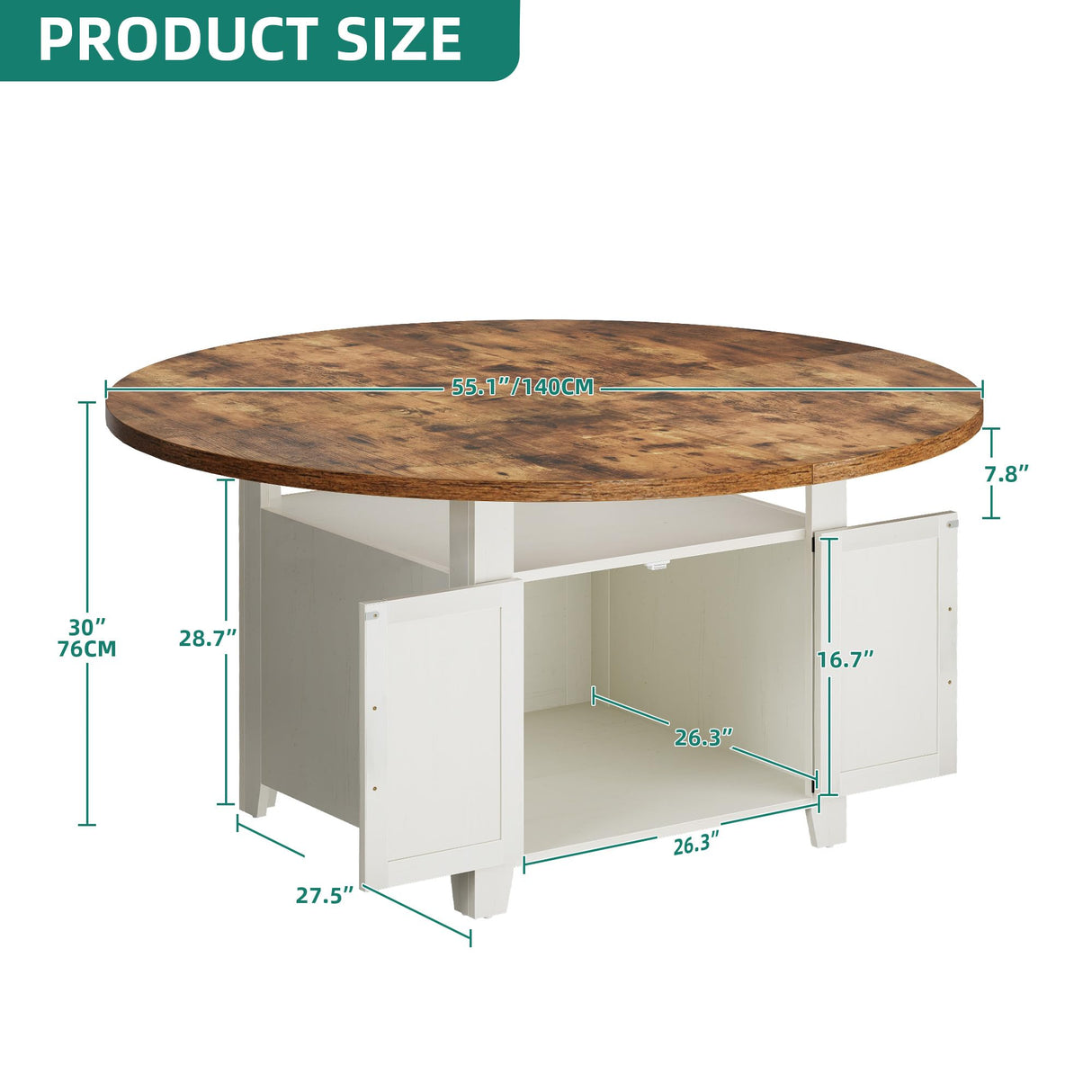 DWVO 55 Inches Round Dining Table for 6-8 People Farmhouse Circle Dining Room Table Large Kitchen Desk with 2 Tier Storage Rack for Kitchen Apartment Resturant, White DWVO