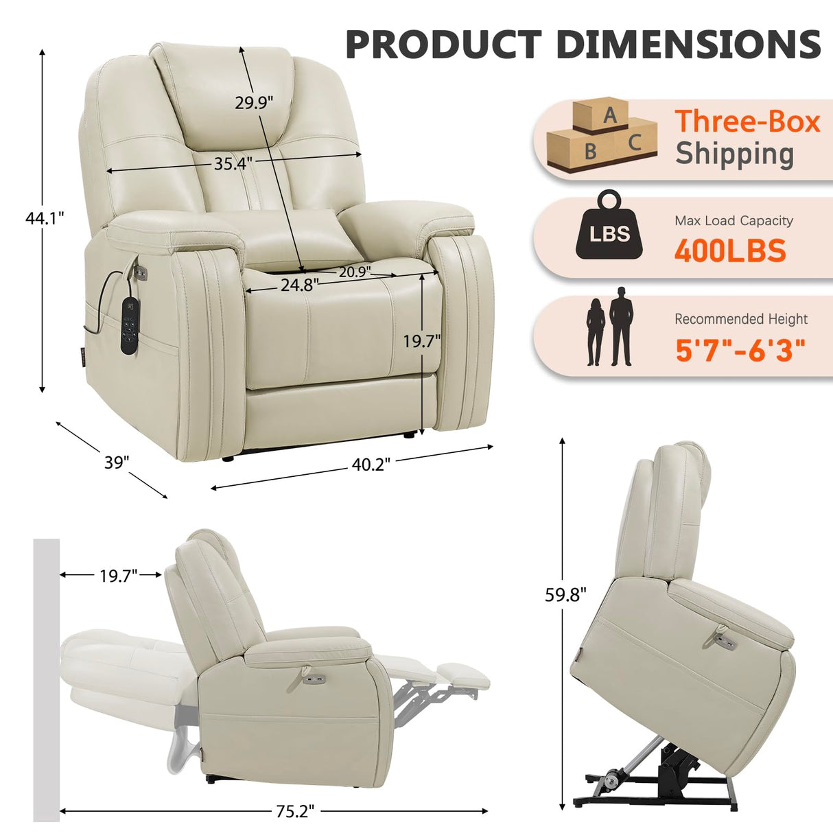 EONIX Triple Motor Lay Flat Power Lift Recliner Chair for Elderly with Adjustable Headrest, 400lbs Electirc Lift Chair for Living Room, Lumbar Pillow, Extended Footrest, Cream White EONIX