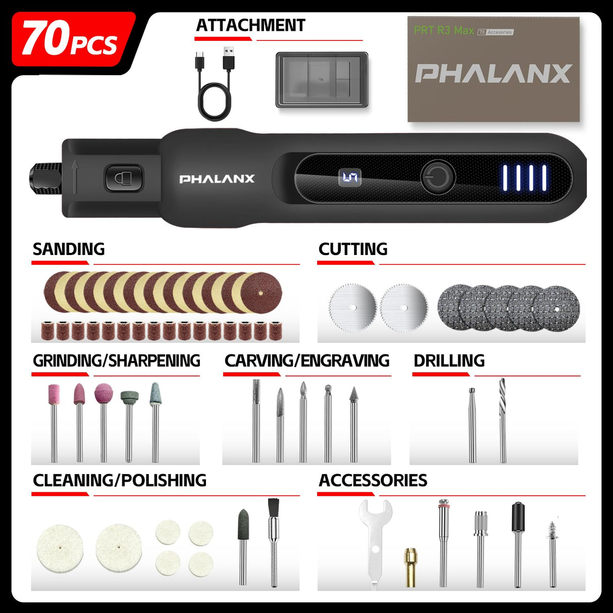 Rotary Tool - 3.7V Cordless Rotary Tool Kit LED Ring Work Light, 2.0Ah Li-ion Battery 5 Speed 70 Accessories Power Rotary Tools 20000RPM,Mini Rotary Tool Cordless for Light DIY Projects/Precision Work PHALANX