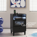 Saudism Black Nightstand with Charging Station, End Table with Glass Drawers, Night Stand with LED Lights, Wood Bedside Tables for Bedroom, 15.7”×13.7”×23.8” Saudism