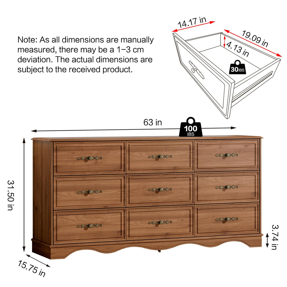 Chrangmay Dresser for Bedroom with 9 Drawers,63" Wide Modern Chest of Drawers with Metal Handle,Wooden Dresser TV Stand,Wood Closet Clothes Storage Organizer for Living Room,Hallway,Umber Chrangmay