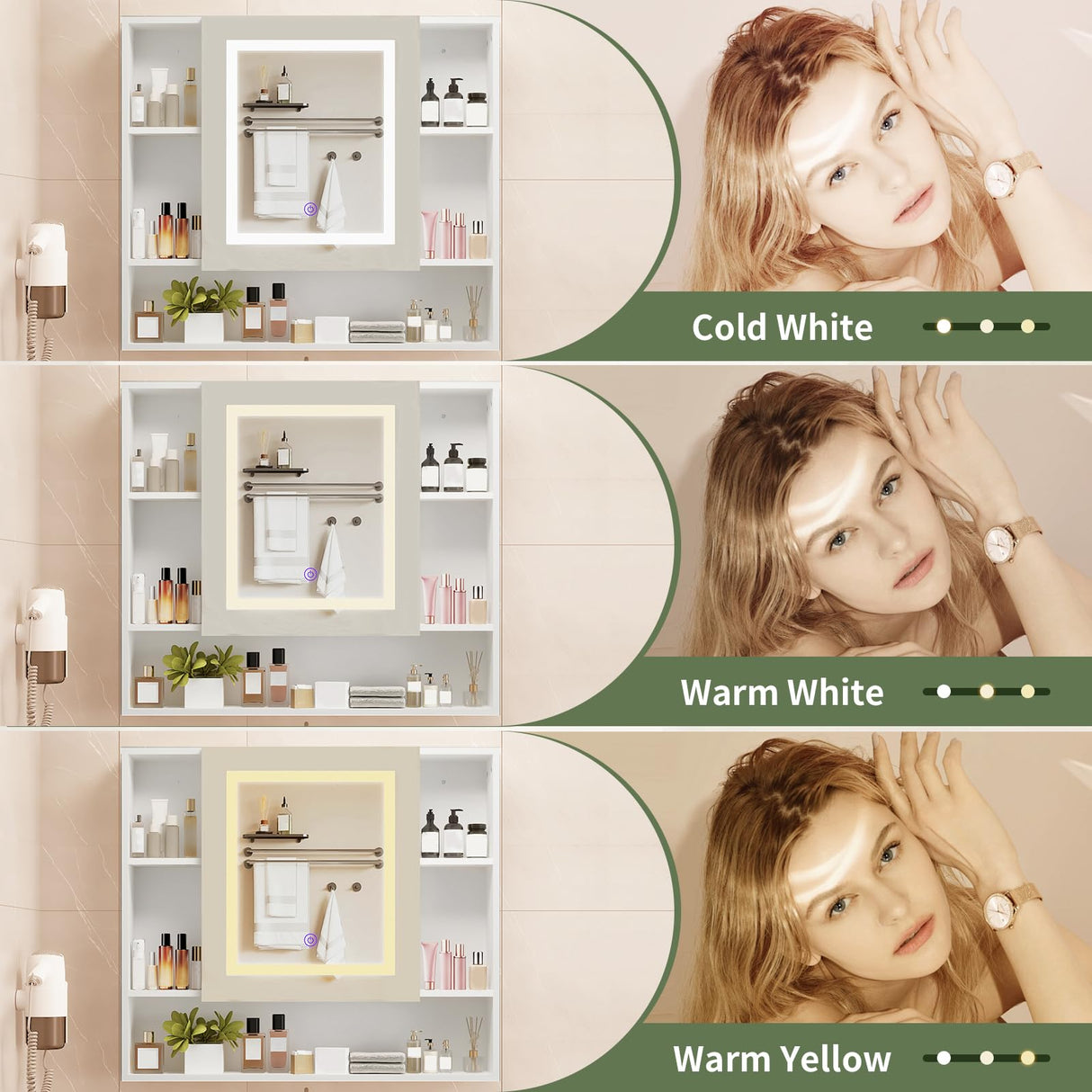 SOOWERY Medicine Cabinet Mirror with Led Light 27.5" W x 24.3" H Lighted Vanity Mirror Wall Mounted Bathroom Storage Cabinet with Single Door Surface Farmhouse Bathroom Cabinets White SOOWERY