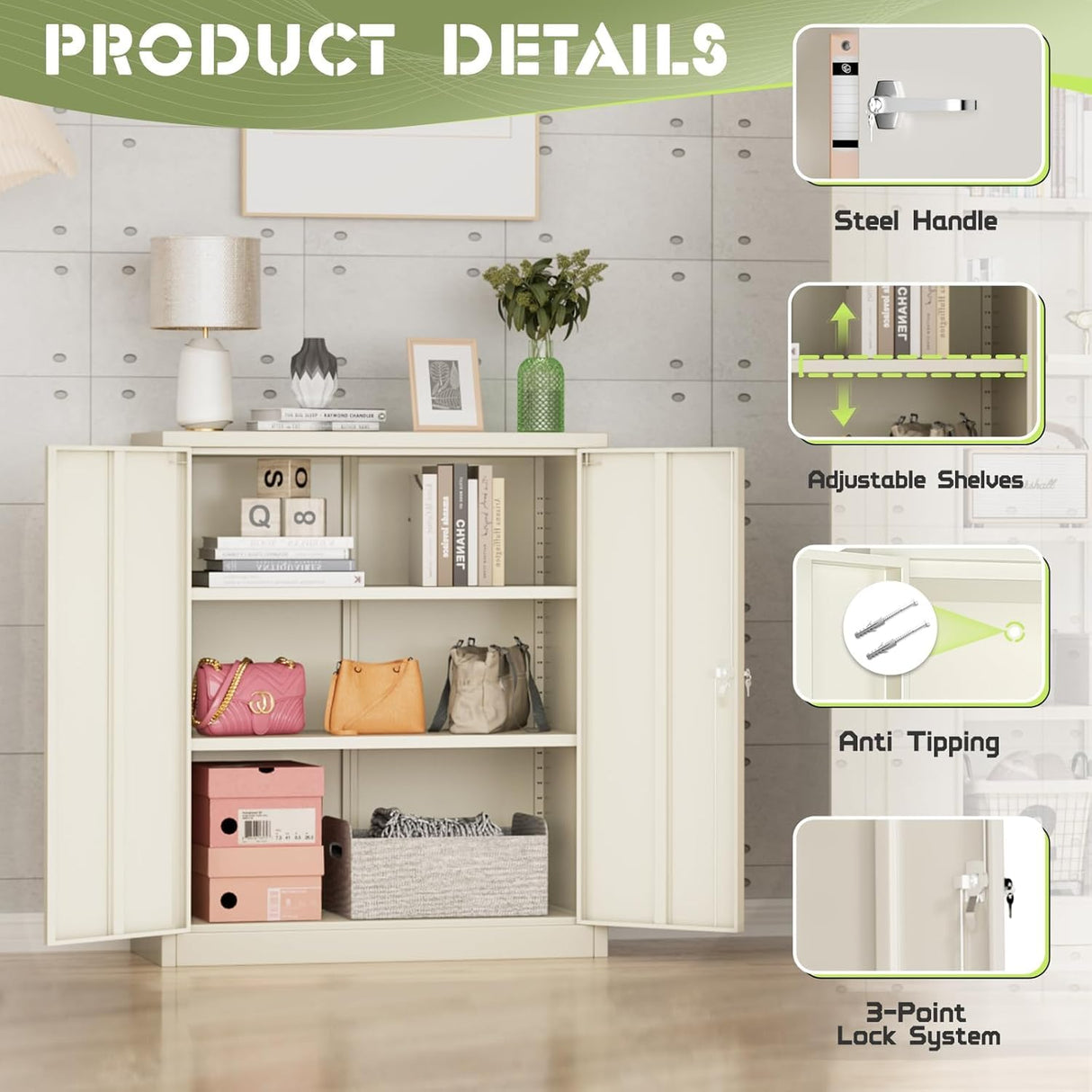 SUNCROWN Metal Storage Cabinets, 42”Locking Cabinet with Doors and Adjustable Shelves, Steel Utility Tool Garage Cabinets for Home, Office, Kitchen, Warehouse,Warm Grey SUNCROWN